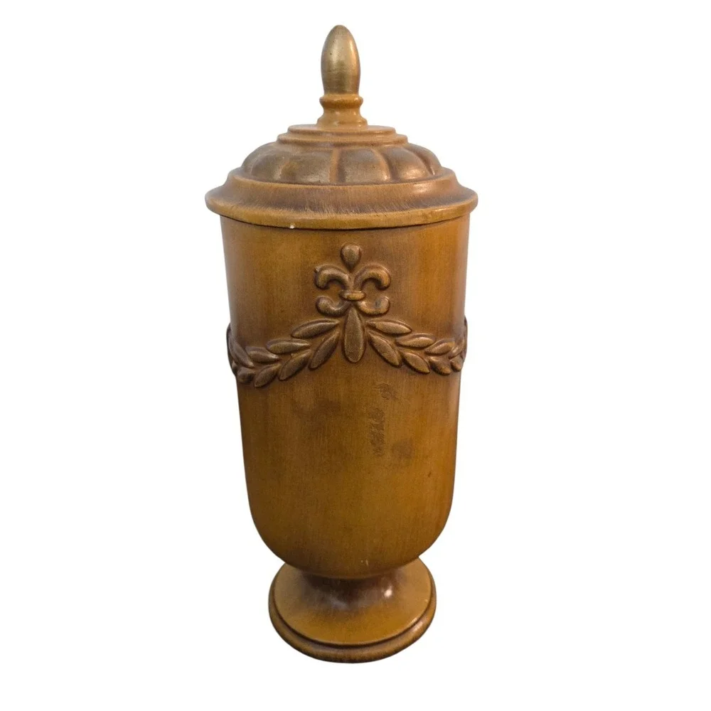 Vintage Haeger #724 Pedestal Footed Urn Lidded Fleur-de-lis Original Sticker Jar